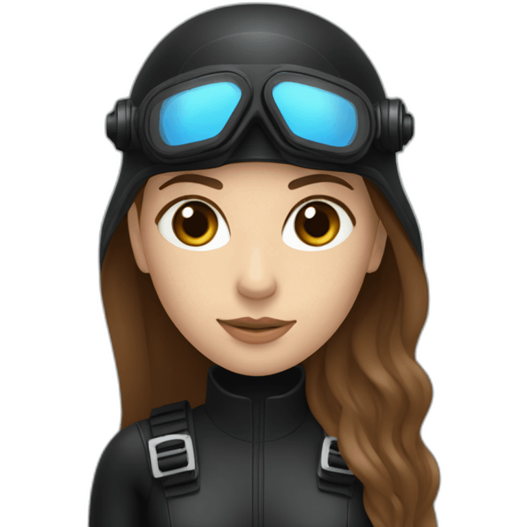 a woman with an a black scubadiver suit. she has blue eyes and a scubadiving mask brown long and straight hair emoji