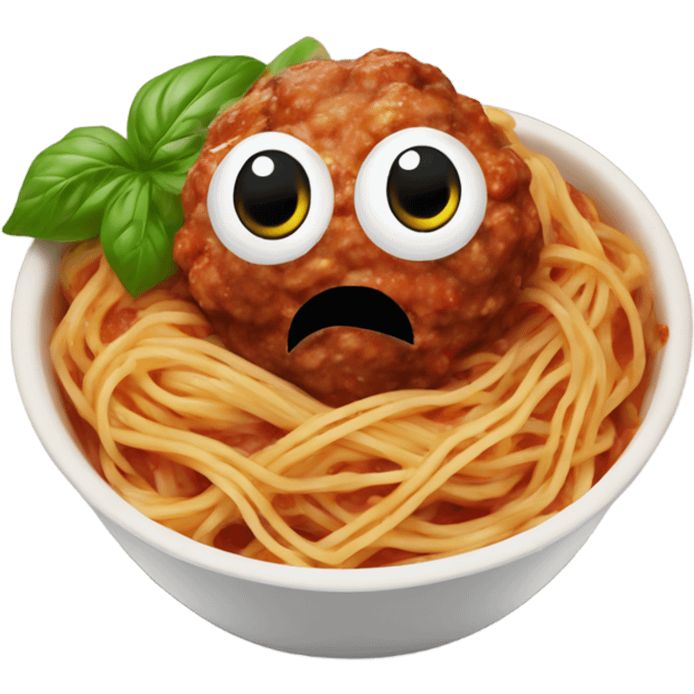 spaghetti with meatballs in a bowl with basil emoji