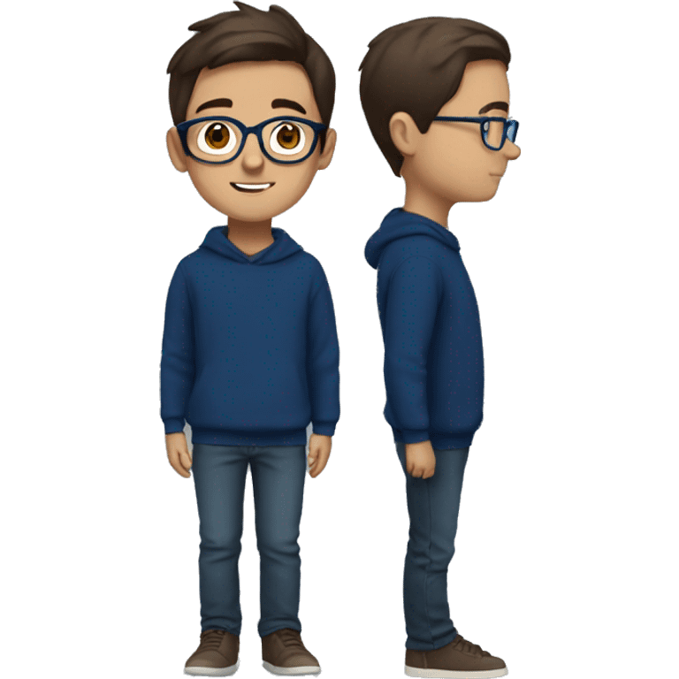 winter, christmas, young boy, short  brown hair, brown eyes, hispanic, dark blue sweater, full body, blue glasses emoji