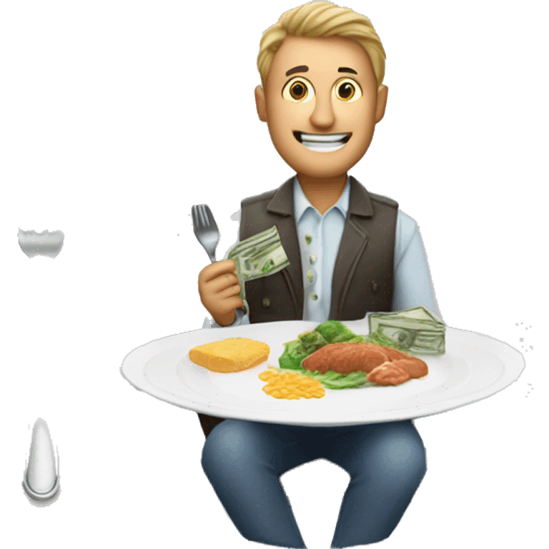 man at dinner table with cuttlery in his hands, money on the plate emoji