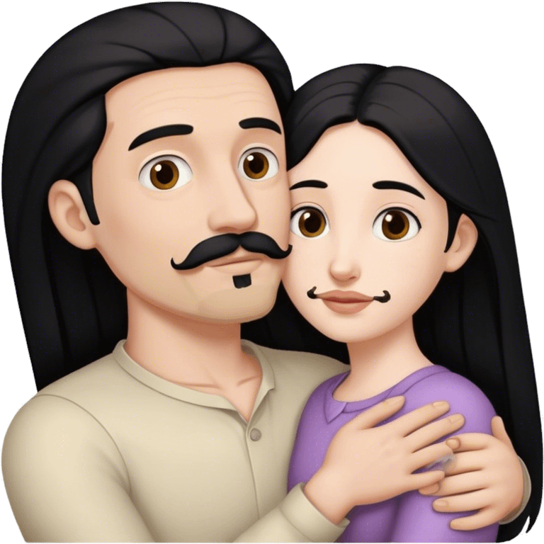 Tall pale man with brown mustache and goatee hugging small pale woman long black hair emoji