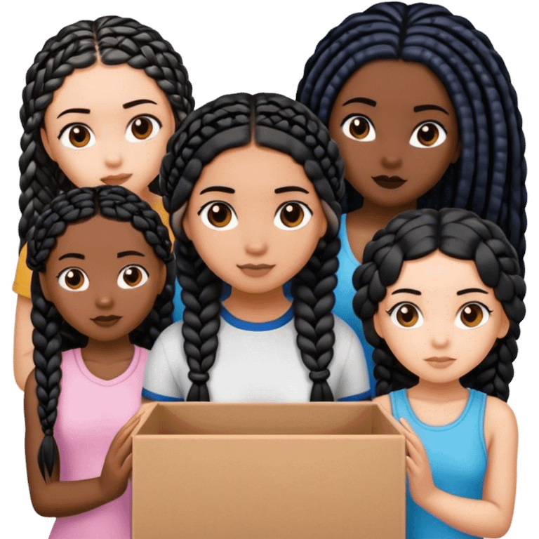 1 Chinese girl, 1 black and white girl, 2 black girls with box braids, and 1 white girl with brown hair  emoji