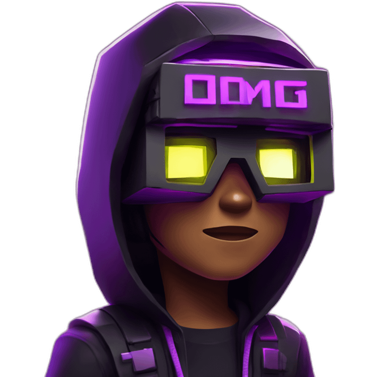 Minecraft hero wearing a black hoodie with "OMG" letters on it and VR headset in a cyberpunk VR environment with violet neon lighting. emoji