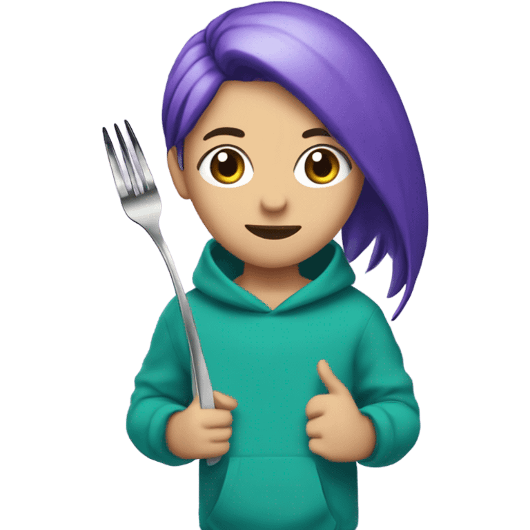 person holding a fork with purple hair, wearing a teal sweatshirt with the number 120￼ emoji