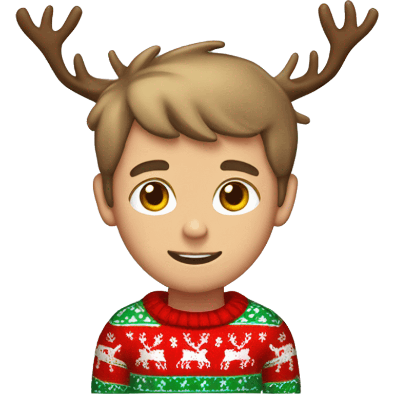 light brown haired boy with christmas sweater and raindeer horns emoji