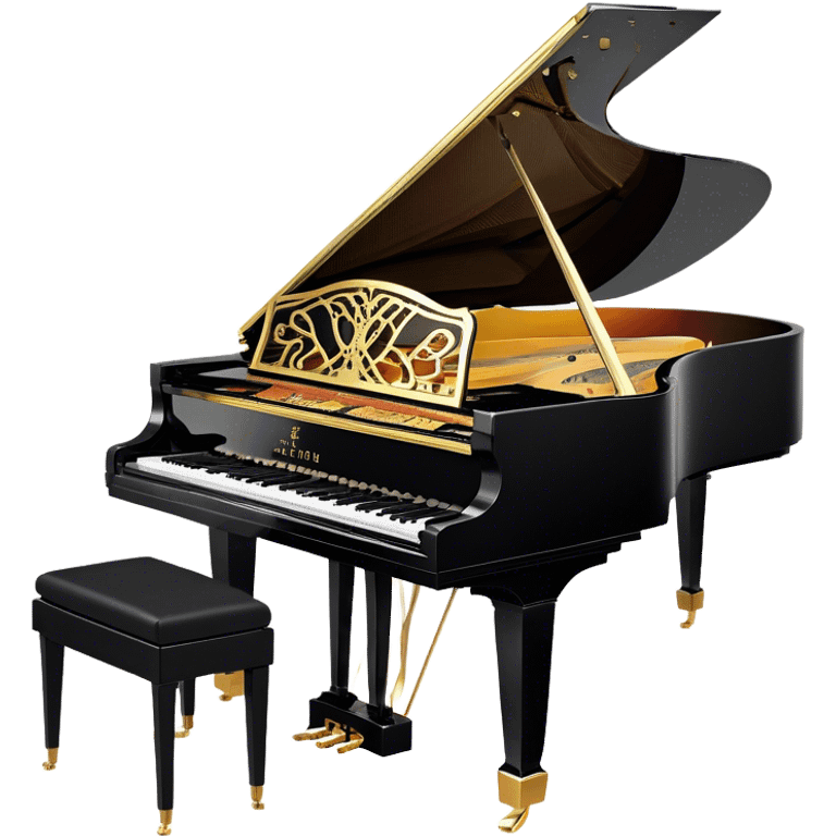 Create an elegant and detailed emoji representing the Seiler 278 Konzert grand piano. The design should feature the grand piano's polished black body with shiny, reflective surfaces, capturing its high-quality craftsmanship. The black and white keys should be clearly visible, with the curved shape of the grand piano’s body and lid, which can be slightly open. Add visible details like the pedal system, the intricate wood finish on the frame, and the elegant legs of the piano. The musical notes should float around the piano, evoking the sound of a professional concert instrument. Use deep black, white, and gold tones to highlight its luxurious appearance. The background should be transparent. emoji