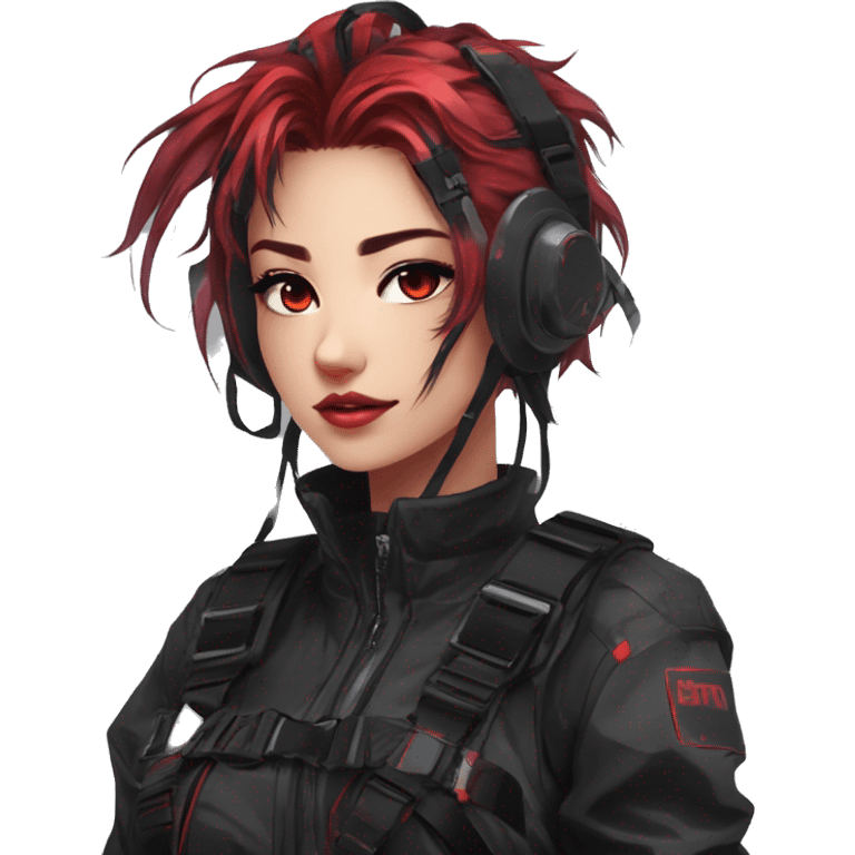 Gorgeous shiny techwear anime style lady with blushing face aesthetic and pretty edgy black red punk messy hair with collar and harness trending style emoji