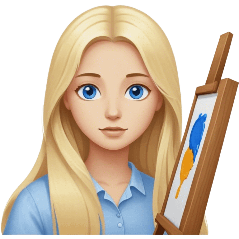 Cinematic realistic blonde with long hair, blue eyes paints a picture on canvas emoji