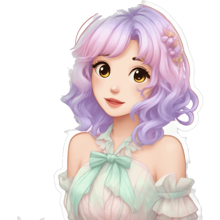 gorgeous pretty attractive anime lady beautiful pastel-gradient hair with a gorgeous dress fairycore cottagecore pastelcore detailed high quality trending VOGUE aesthetic sticker emoji