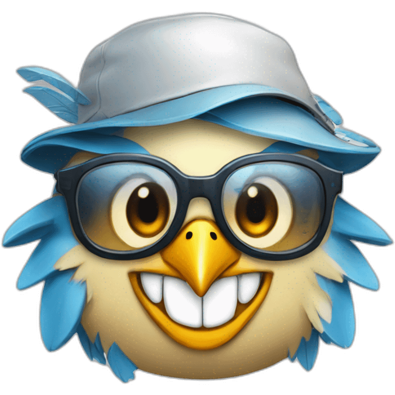 Crazy funny Cyberpunk Articuno head with beautiful smile wearing glasses and hat emoji