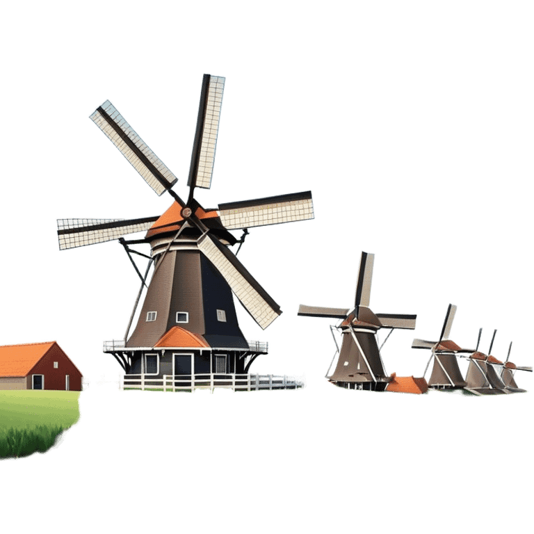 Cinematic Realistic Kinderdijk Windmills Landmark Emoji, depicted as a row of classic Dutch windmills set against a serene sky rendered with detailed textures and soft natural lighting. emoji