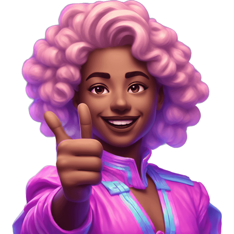 Synthwave thumbs up in SNES style, oil paint, epic eyes, intricate lips, exquisite pose, beautiful, desirable, logical, Midsommar  emoji