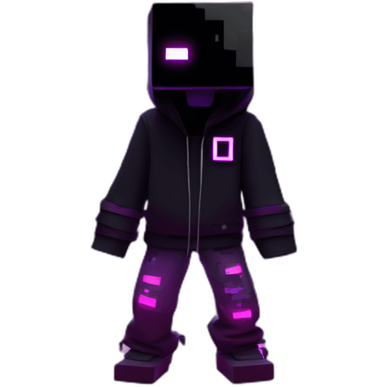 Minecraft Creeper wearing a black hoodie with "OMG" letters on it and VR headset in a cyberpunk VR environment with violet neon lighting. emoji