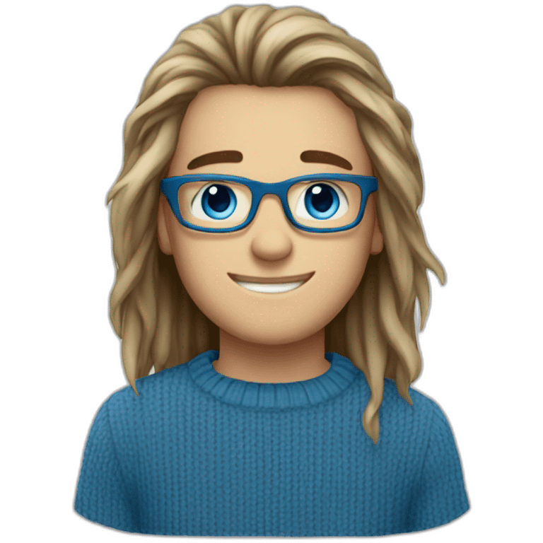 Long emo haired boy blue eyes rectangle nerd glasses smiling wearing blue sweater emoji