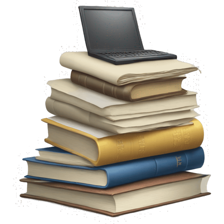 A pile of books, a pile of papers, a computer emoji