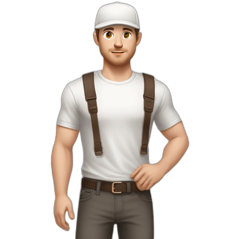 Pale skinned fit Man with dark brown hair in a light gray cap, dark brown jeans, brown polo and white T-shirt keeping a pasted with tape white box into his hands emoji