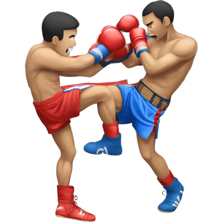 A Muay Thai Boxer in blue shorts knocking out his opponent in red shorts emoji