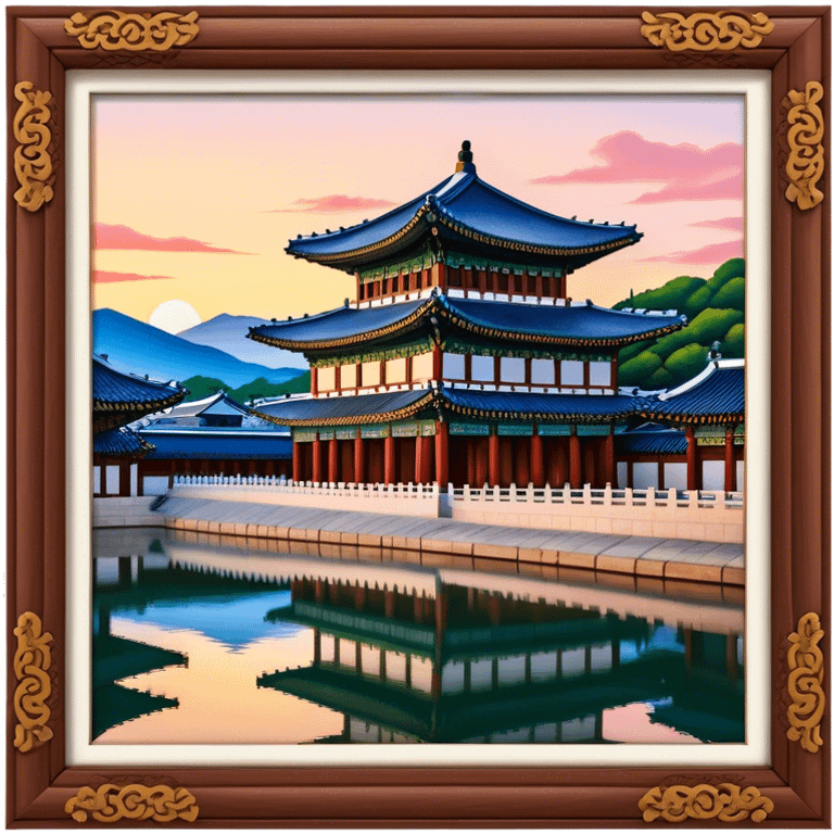 Cinematic Realistic Gyeongbokgung Palace Landmark Emoji, rendered with traditional Korean architecture, ornate wooden carvings, and vibrant colors, set against the backdrop of modern Seoul with soft evening light. emoji