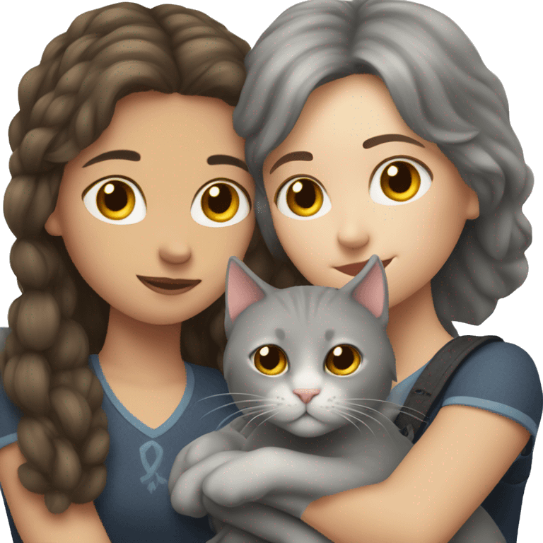 Grey Scottish cat hugs a brunette girl emoji