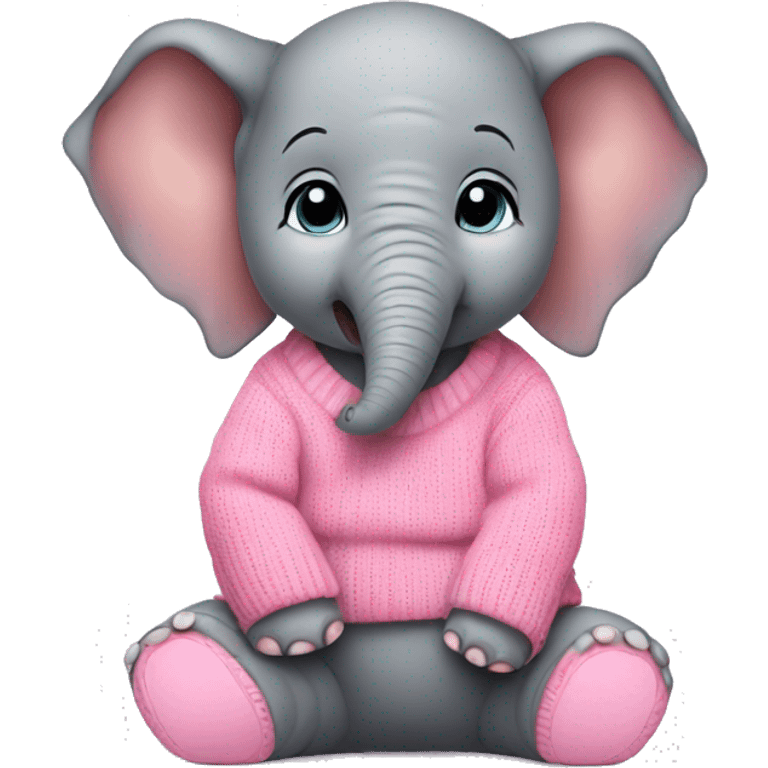 Baby elephant is sitting and wearing pink sweater emoji