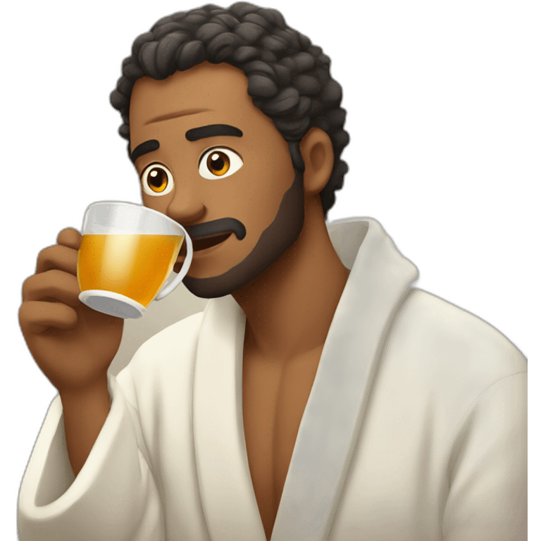 Man in bathrobe drinking tea, looking to the right emoji