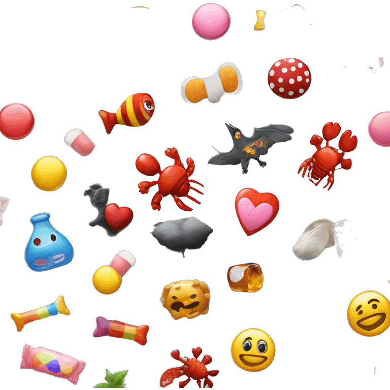 fusion of gum, heel, crow, heart, clown, candies, hives, eye, bus, lobster, couch, lynx, window, leaf, boar, cat, footprint, signs, sweat, fishbones and grille emoji