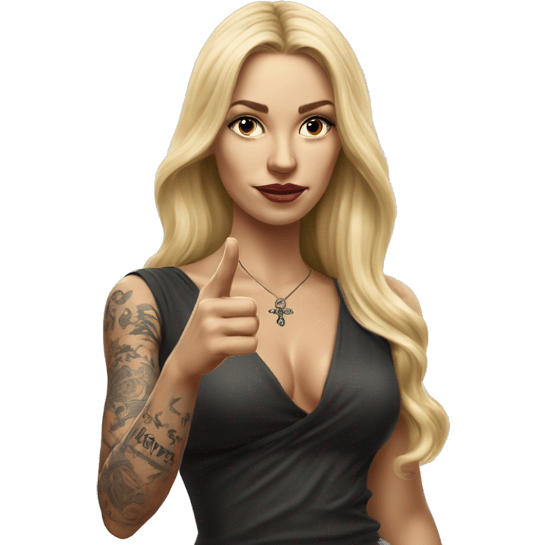 Blonde elegant women with LONG HAIR, her Body Covered with Tattoos, POINTING YOU FORWARD with her HAND with INDEX FINGER, Hyper Realistic emoji