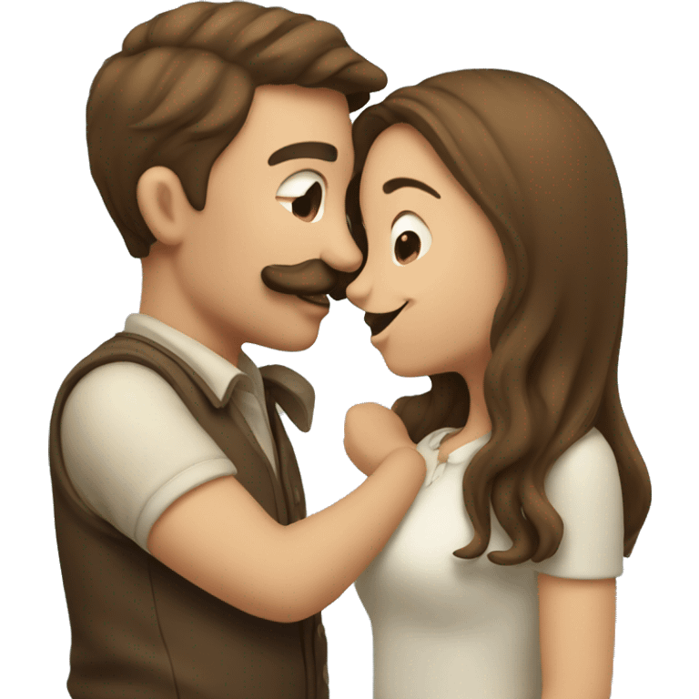 Guy with mustache kissing girl in brown hair emoji