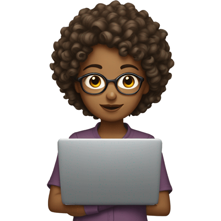 Short curly haired brown girl with laptop emoji