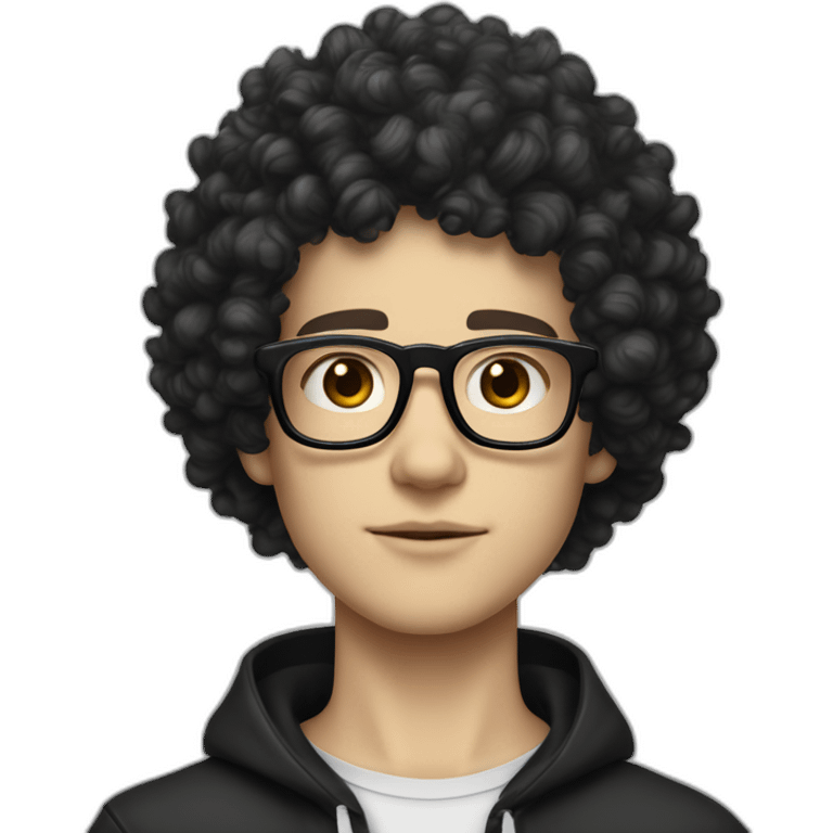 white boy white skin and squared jawline with back colored afro curly black hair and squared glasses and tattoo of black lightning on the neck emoji