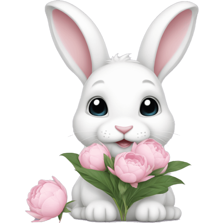 cute white bunny holding light pink peonies emoji