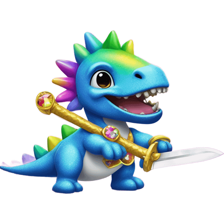 Lisa frank glitter rainbow cute dinosaur with sword and jewels emoji