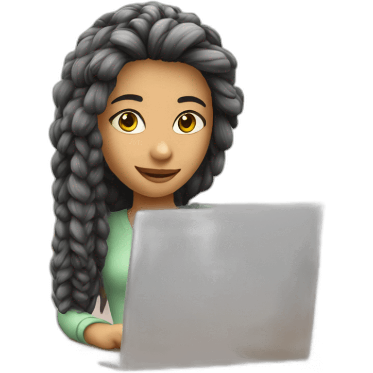 Girl with girl hair, 3d style, coding in a computer, in a confortable room emoji