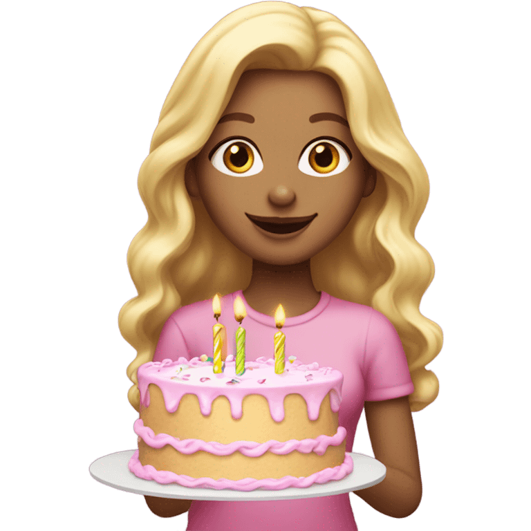 White woman, long hair, blonde hair, wavy hair, baby pink party hat, holding birthday cake emoji