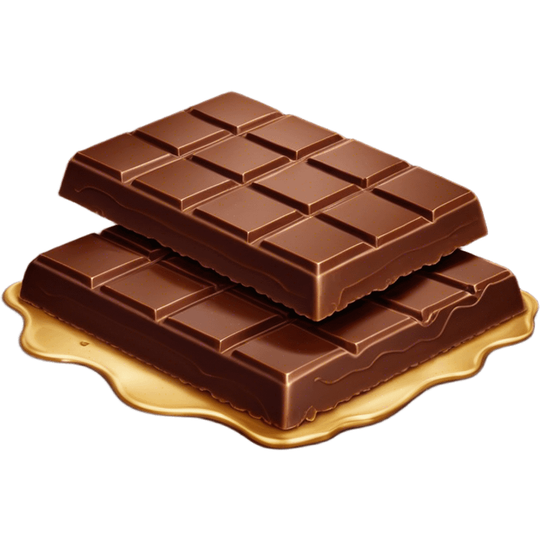 Cinematic silky dark chocolate bar, broken into perfect squares, rich cocoa tones, slightly melting edges, fine texture and decadent shine, warm golden highlights, tempting and rich. emoji