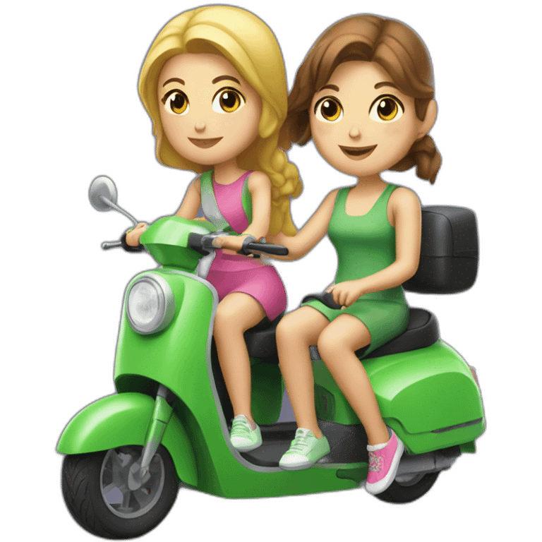 two girls in a green electric moped emoji