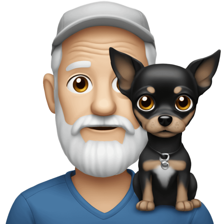 Old man with blue eyes goatee beard ball cap holding cute black Chihuahua long hair emoji