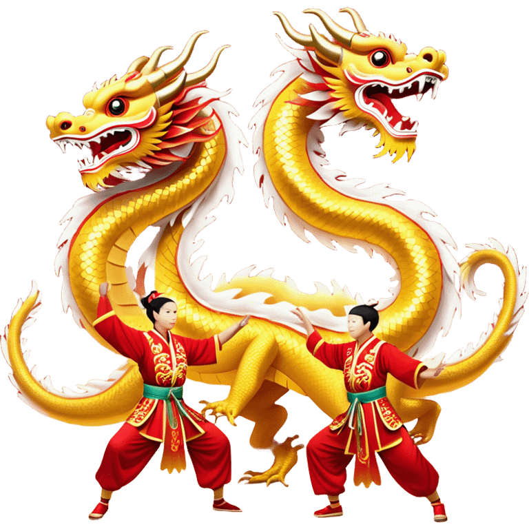 Cinematic Realistic scene of a Chinese Dragon Dance featuring performers energetically holding a vibrant dragon model aloft, with intricately detailed scales and dynamic flowing costumes, illuminated by festive red and gold lighting that captures the spirit of celebration. emoji