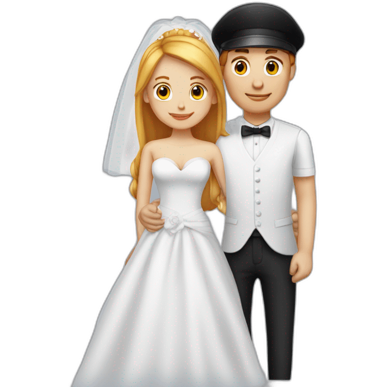 wedding couple blond man with black cap and white shirt, woman with medium red hair shirt with neckline emoji