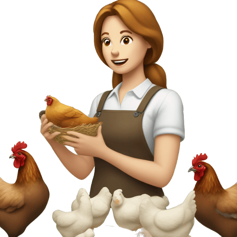 white lady with brown hair feeding chickens emoji