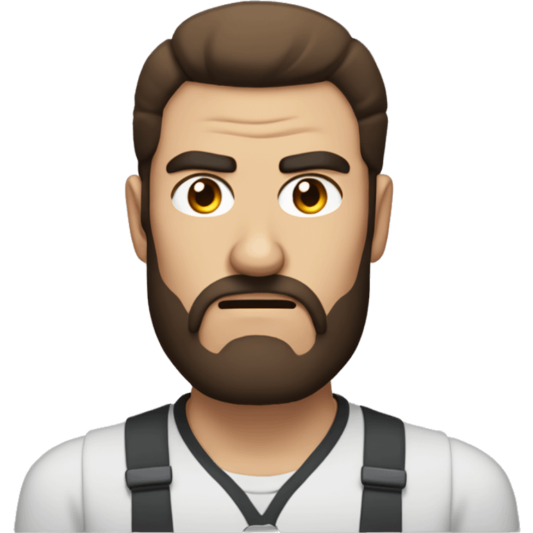 man with brown beard, blackeybrows and middle long brown hair looking angry emoji