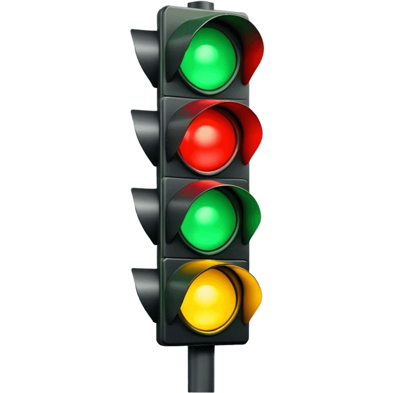 Traffic signal with green light illuminated. Top light red and dark. Middle light is yellow and dark. Bottom light is green and bright emoji