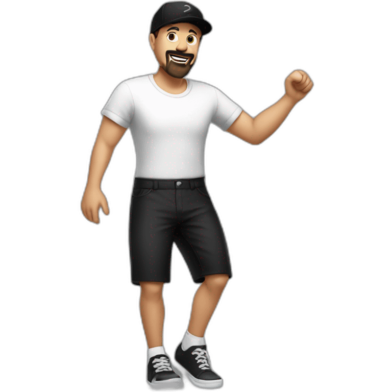 white man with black goatee, cap and short shorts, dancing emoji