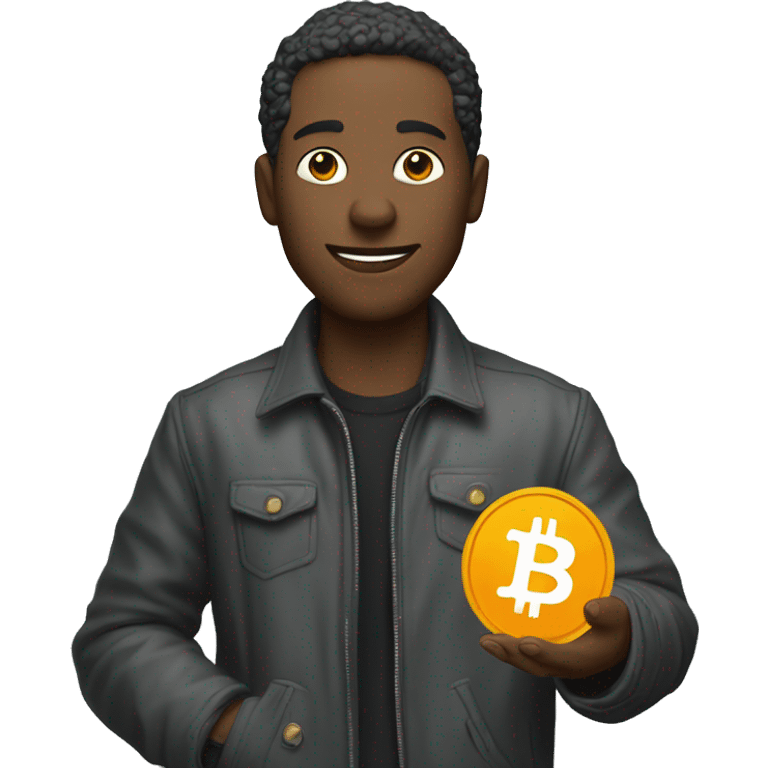 man in a jacket with bitcoin in her hands emoji