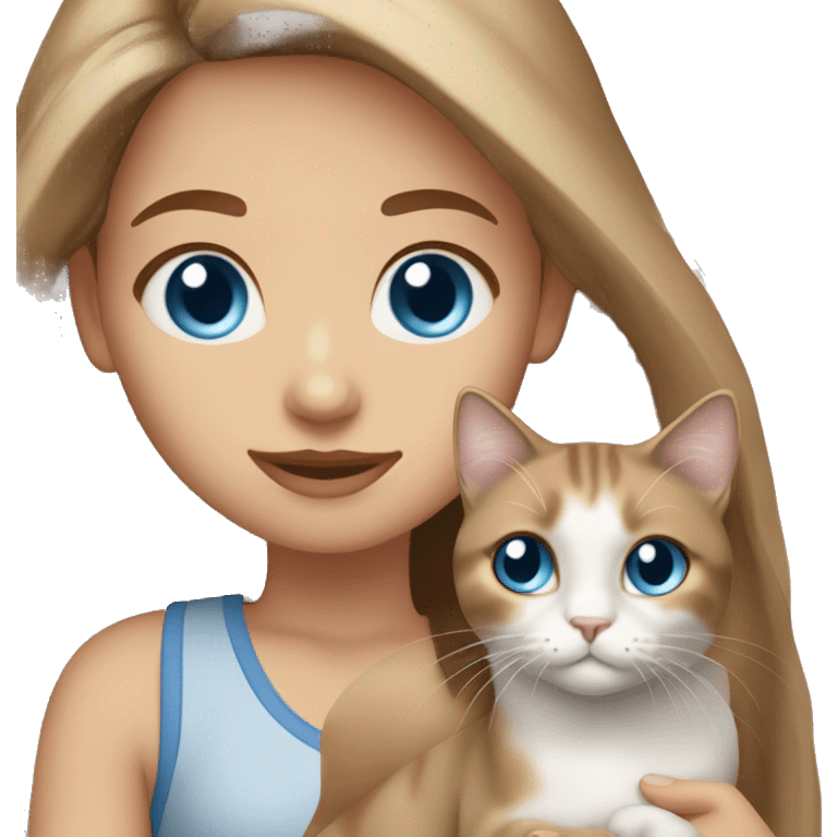 Girl with blue eyes and long light brown hair holding dilute calico cat emoji