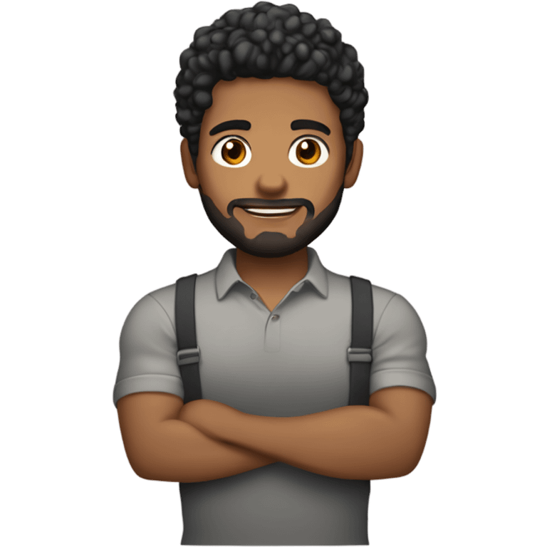 men holding his computer in hands. light brown skin men with curly black hair, dark brown eyes, little grown beard. little bit muscular. dressed casual. round face. emoji