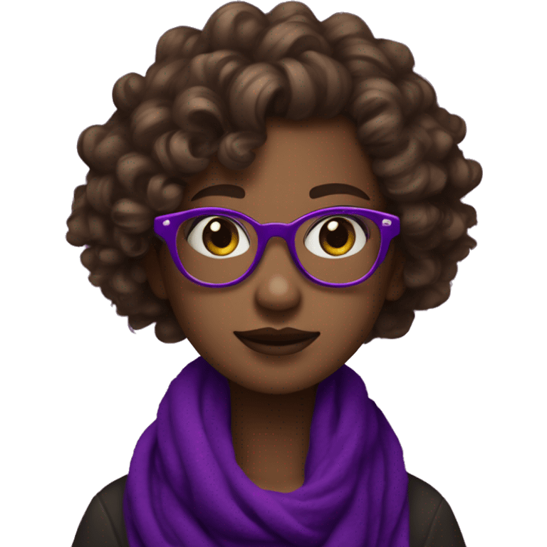 Emoji girl with curly brown hair, neon heart glasses, dark purple pashmina ￼over head emoji