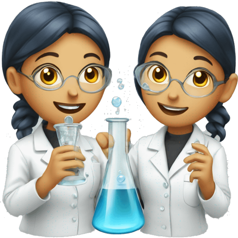  two scientists girls holding one clear glass chemistry emoji