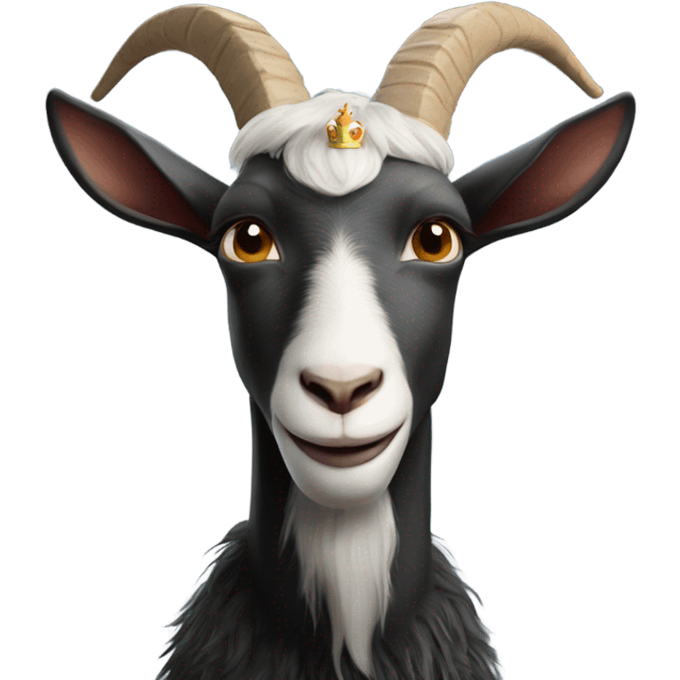 Goat with horns wearing a black sweater and royal crown emoji