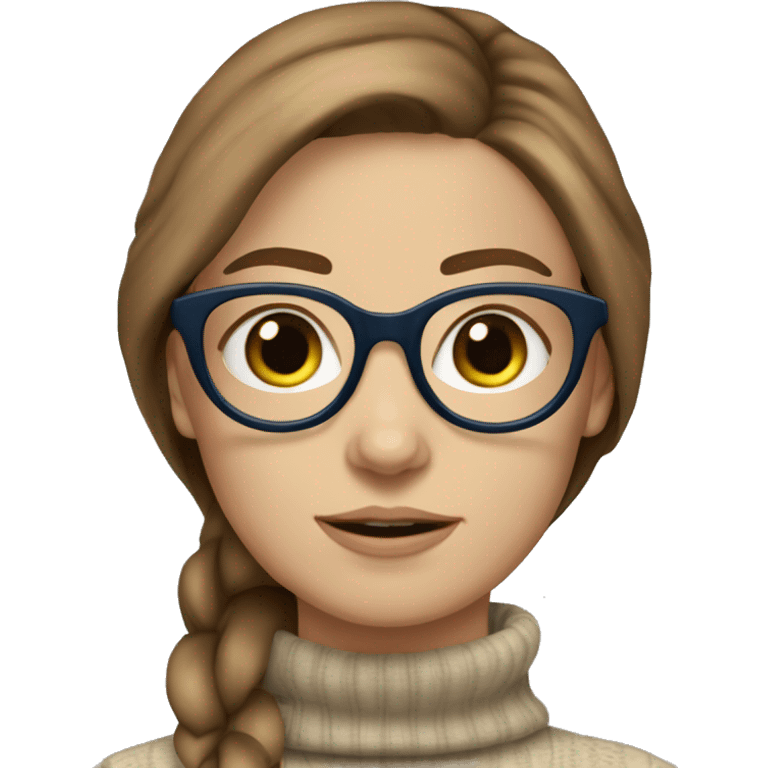 White girl with blue eyes turtleneck brown hair round glasses emoji